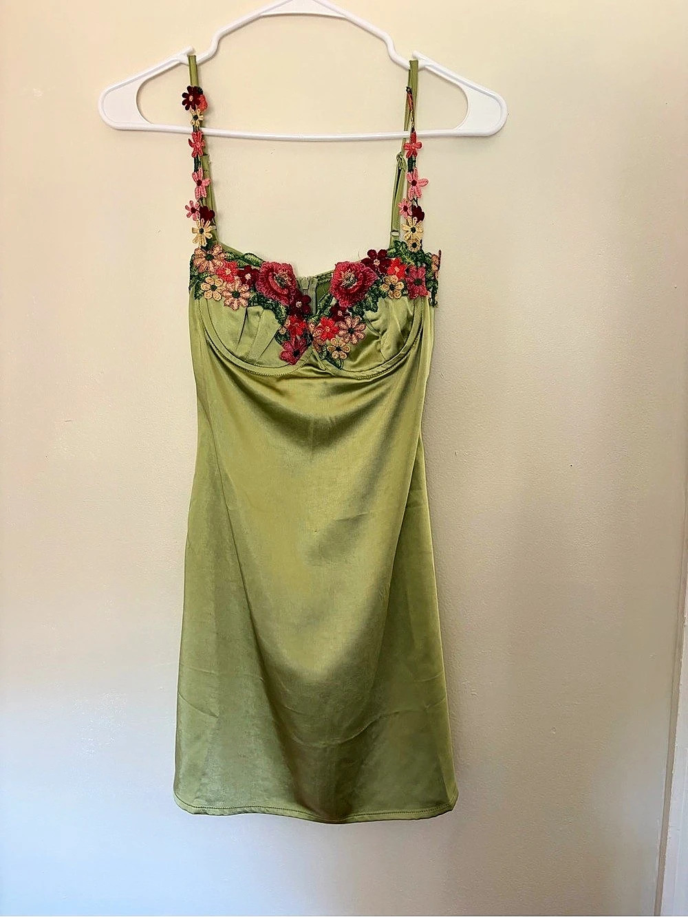 Princess Polly Satin Flower Trim Detail Strappy Shift Dress Green